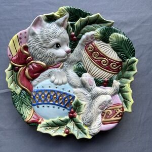 Fitz & Floyd Essentials Christmas Kitty Cat & Ornament Canapé Decor Plate-9"-EUC